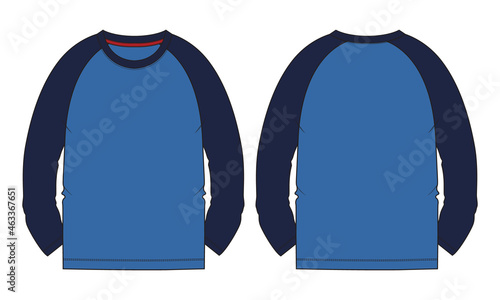 Two tone Navy, blue color cotton jersey Long sleeve Raglan T shirt technical fashion flat sketch vector Illustration template front, back views isolated on white. Basic apparel Design Mock up.