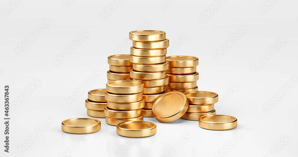Stack of gold coin currency market financial or investment money banking treasure wealth cash and golden dollar pile isolated on white economy background with business earnings profit sign. 3D render. Stack of gold coin currency market financial or investment money banking treasure wealth cash and golden dollar pile isolated on white economy background with business earnings profit sign. 3D render.