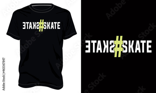 SKATE Typography text t-shirt Chest print design Ready to print. Modern, lettering t shirt vector illustration isolated on black template view. Apparel t shirt design for print on demand Business. 