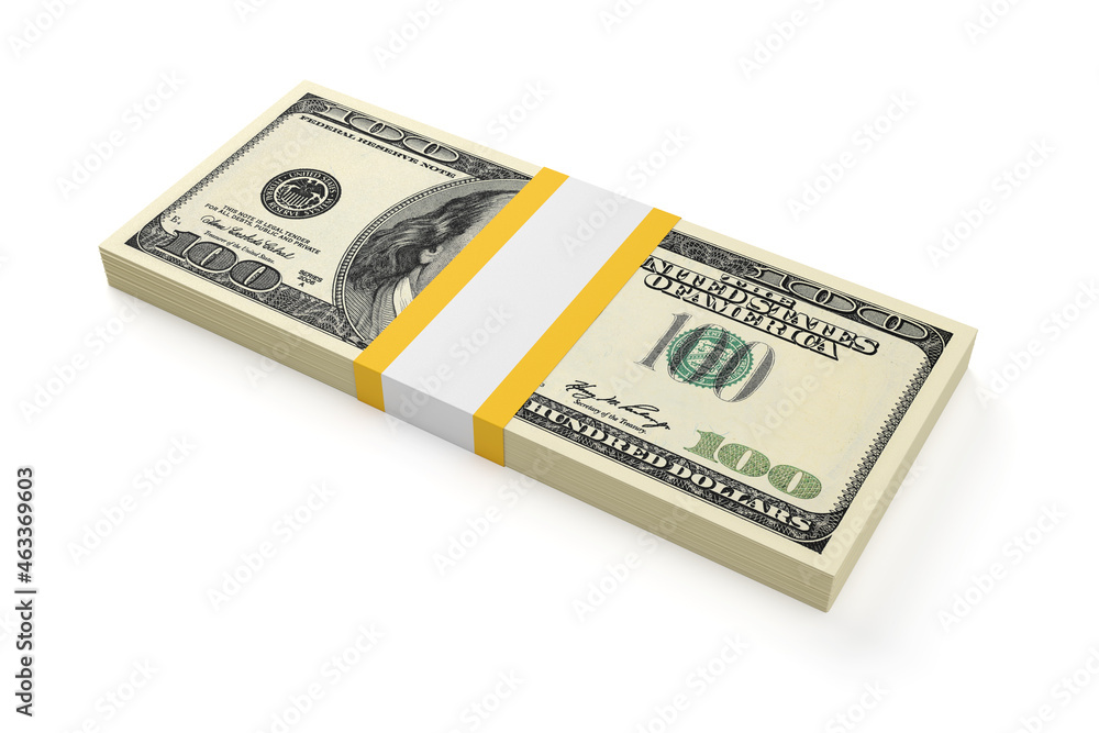 Hundred dollar bill stack isolated on white. 3D rendering. Hundred dollar bill stack isolated on white. 3D rendering.