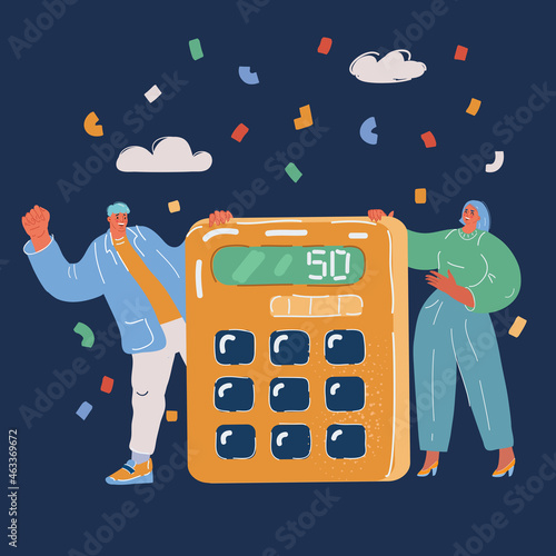 Vector illustration of Calculating. Business people and calculator. Accounting, financial analytics. Budget calculation, economy conceptsover dark backround.