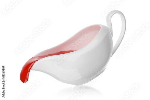 Sauce boat with ketchup isolated on white. 3D rendering. photo