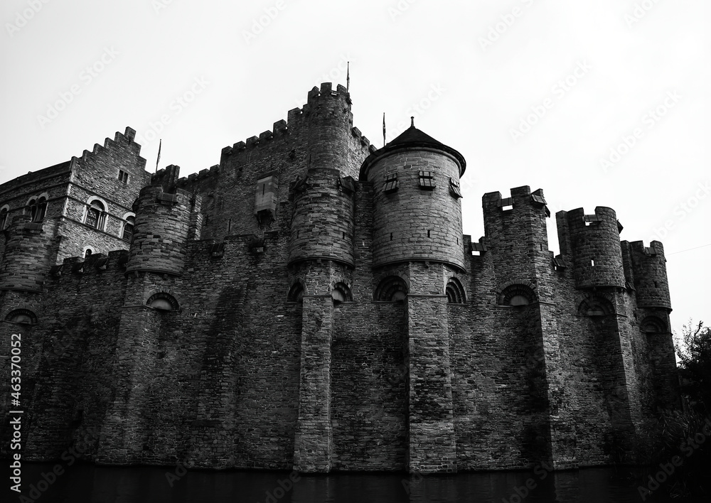 Black and white foto of medieval water castle gravensteen - Ghent, Belgium