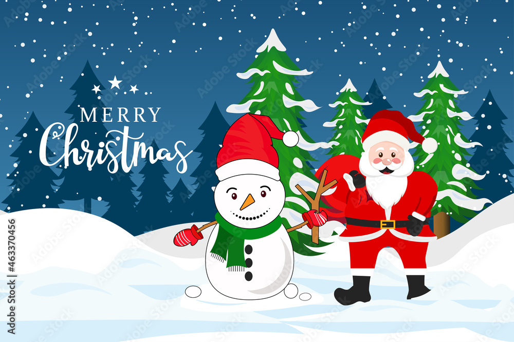 Christmas theme with Santa and snowman Christmas tree snow