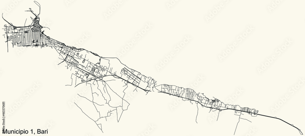 Fototapeta premium Detailed navigation urban street roads map on vintage beige background of the quarter First 1st municipality (Municipio 1) of the Italian regional capital city of Bari, Italy