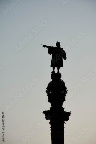 Columbus silhouette during sunset in Barcelona, Spain 