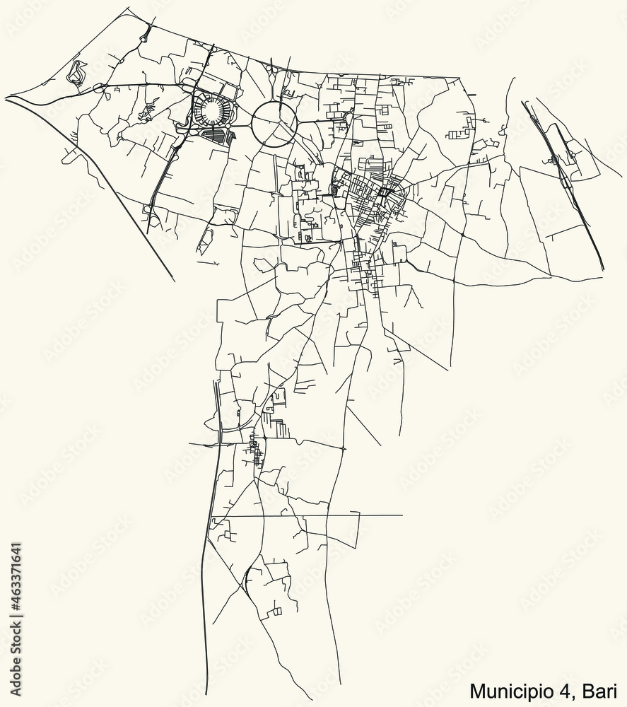 Detailed navigation urban street roads map on vintage beige background of the quarter Fourth 4th municipality (Municipio 4) of the Italian regional capital city of Bari, Italy