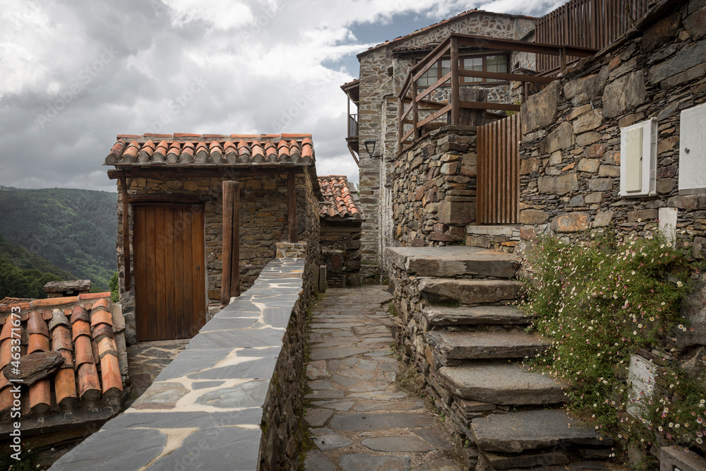 a street with traditional houses at Candal Schist Village, Serra da Lousa, Lousa, Portugal