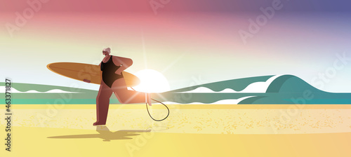 senior woman with surf board aged female surfer holding surfboard summer vacation active old age concept