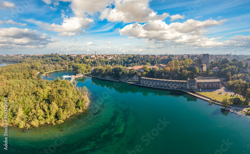 Trezzo Adda aerial view on hydroelectric power plant Taccani, Milan, Italy.