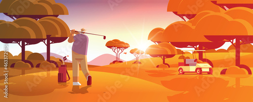 senior man playing golf on sunny green golf course aged player taking a shot active old age concept