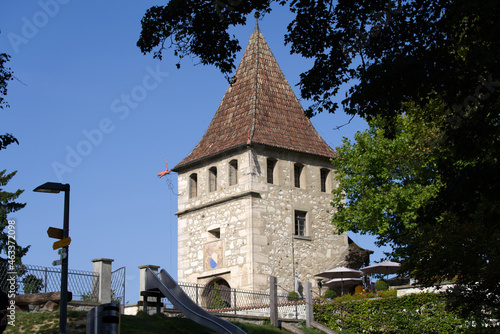 Castle Laufen above famous and spectacular Rhine Falls on a cloudy autumn day. Photo taken September 25th, 2021, Zürich, Switzerland.