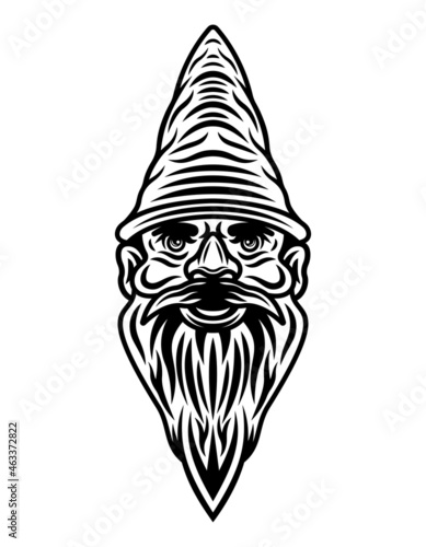 Garden gnome bearded head vector illustration in monochrome vintage style isolated on white background