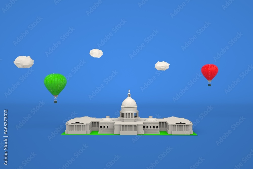 3D white temple, palace on a blue isolated background. 3D graphical isometric model. Colorful balloons on the background. 3D graphics