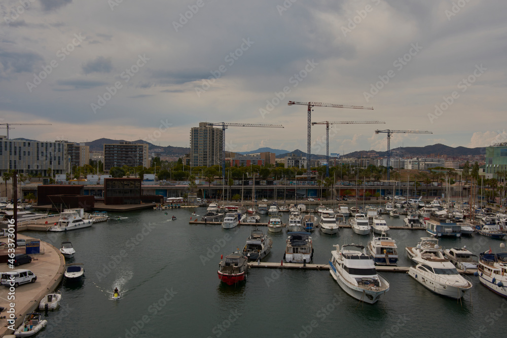 High angle view of boats in Port Forum harbour, Barcelona, Catalonia, Spain