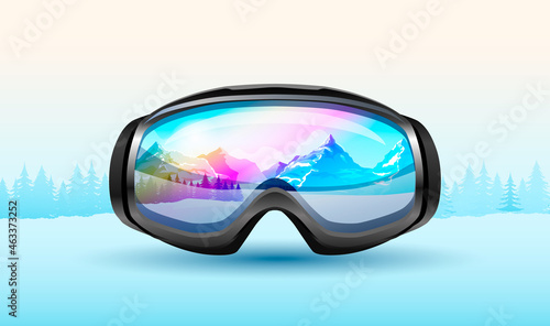 Sport winter landscape banner with ski face mask on snow. Mountain landscape, colorful sky in reflection of black snowboard protective mask. Mountains, forest, fog on background. Vector illustration