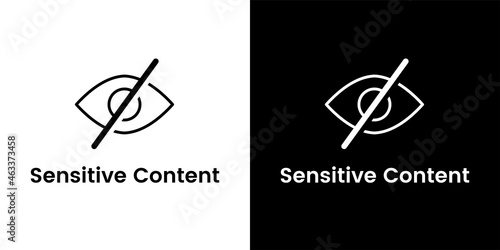 Sensitive content vector flat icons isolated on black and white background. Crossed out eye signs for social media, websites, videos, or photos. Inappropriate information, attention signs.
