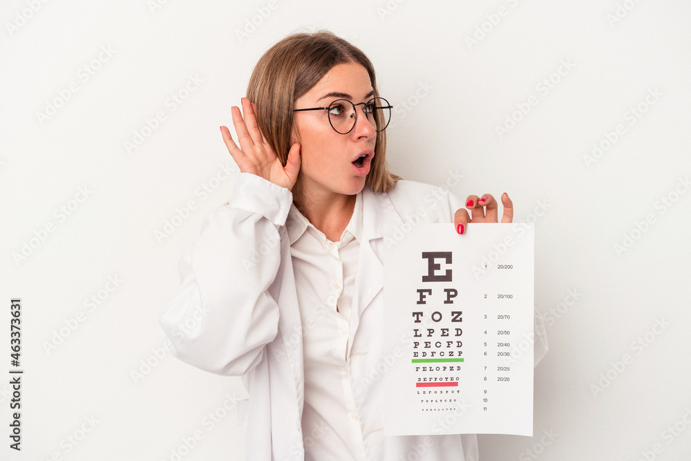 Young optometrist Russian woman isolated on white background trying to listening a gossip. Young optometrist Russian woman isolated on white background trying to listening a gossip.