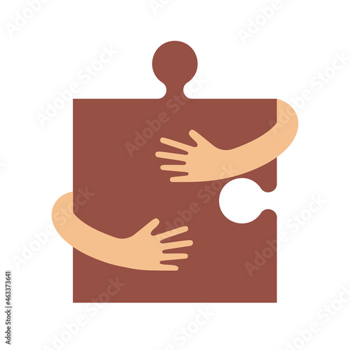 Human hands embracing or holding puzzle sign vector flat illustration isolated on white background. Creative emblem with a brown big jigsaw symbol and hugging arms. Logo with a hug.