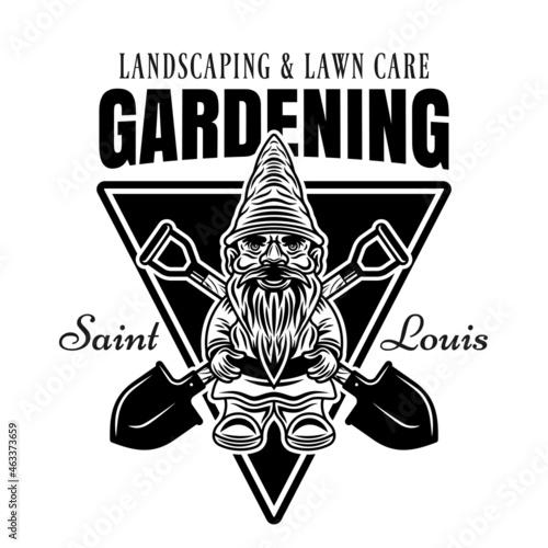 Gardening, landscaping and lawn care vector vintage emblem, badge, label or logo with gnome statuette in monochrome style isolated on white background