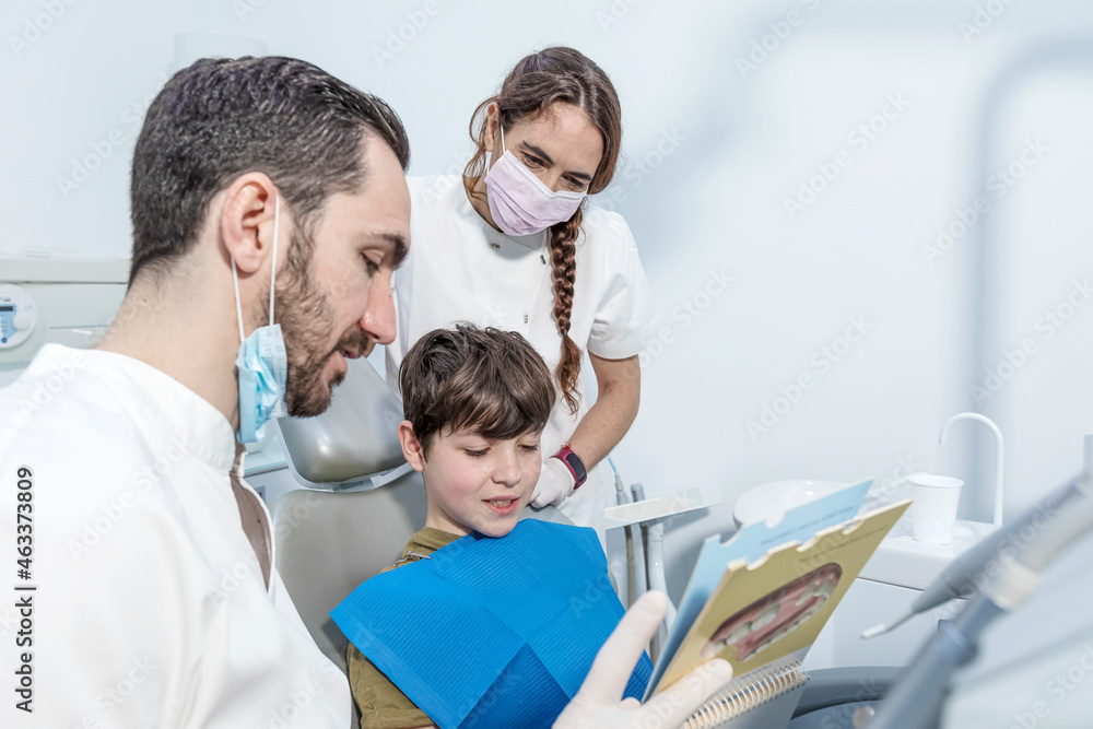 Male Dentist shows structure of the tooth to little boy Male Dentist shows structure of the tooth to little boy