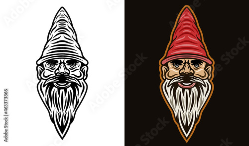 Garden gnome bearded head vector illustration in two styles black on white and colorful on dark background