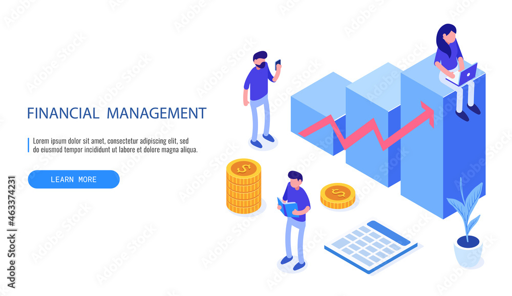 Isometric office with financial auditor or finance people. Man and woman auditor doing tax report or money inspection. Isometric vector web banner.