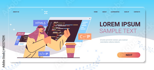 arab programmer writing code for computer app engineering software coding programming
