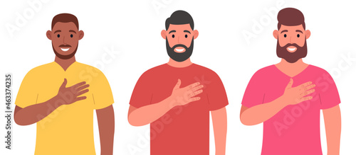 Three different bearded men expresses they positive feeling to people, keep hands on chest or heart. Character set. Vector illustration.