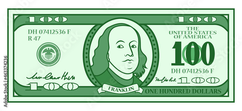 Cartoon 100 dollar bill with stylized Franklin portrait. Play money or fake banknote. Vector illustration.