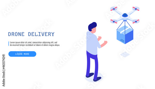 Drone delivery service. Drone delivered a box to a male customer. Isometric vector web banner.
