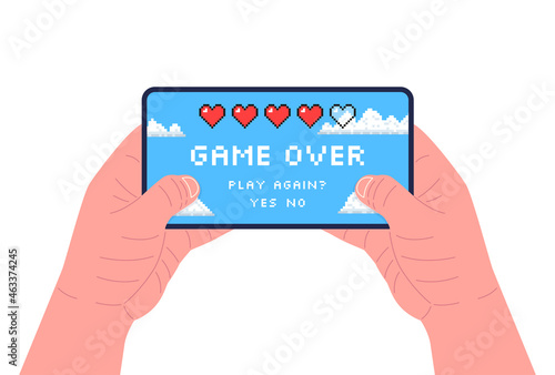Man holding smartphone and playing the game. Pixel art. Game over on the screen. Vector illustration.
