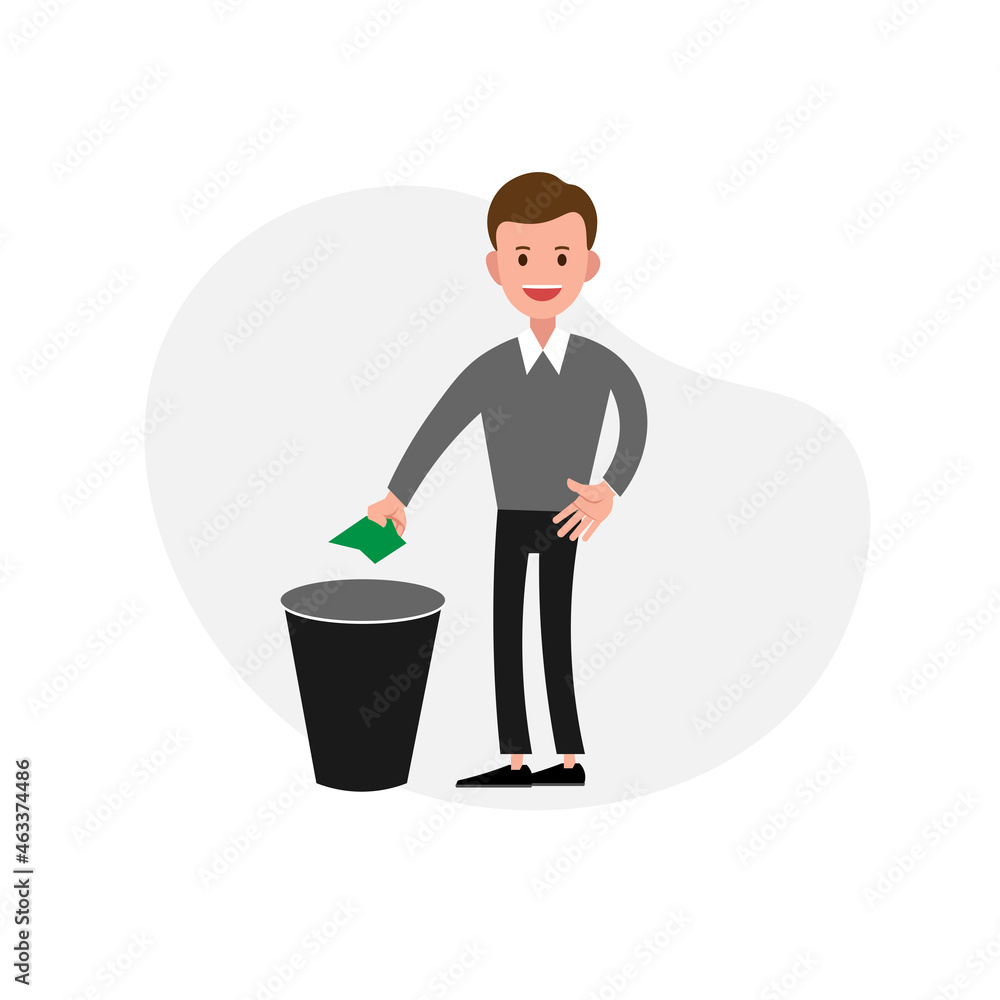 man throws trash in the trash isolated illustration on white background