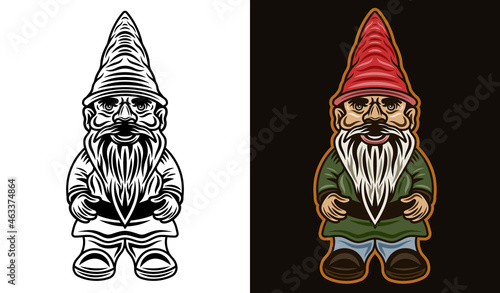 Garden gnome full length vector illustration in two styles black on white and colorful on dark background