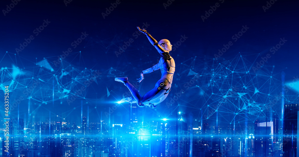 Jumping 3D humanoid robot metaverse smart city digital world background, AI artificial intelligence automated digital technology concept, 