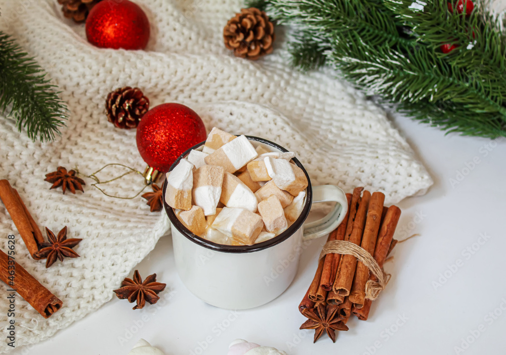 Christmas Cocoa with marshmallows. neweyar.Holiday. Selective focus Christmas Cocoa with marshmallows. neweyar.Holiday. Selective focus