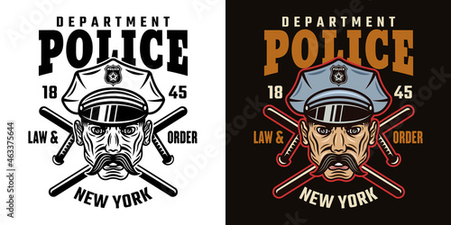 Policeman in cap and two crossed batons vector emblem, label, badge or logo in two styles black on white and colorful on dark background