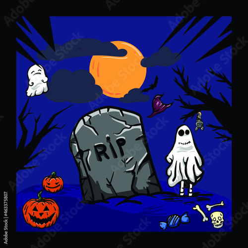 halloween illustration with pumpkin, ghost, tombstone 