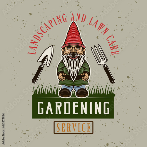 Gardening service vector vintage emblem, badge, label or logo with standing gnome statuette colored style on background removable grunge textures