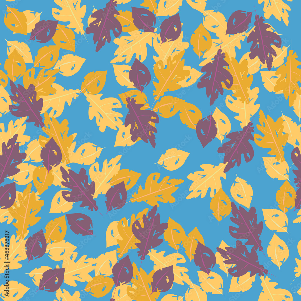 Autumn leaves against a blue sky. Vector seamless pattern.