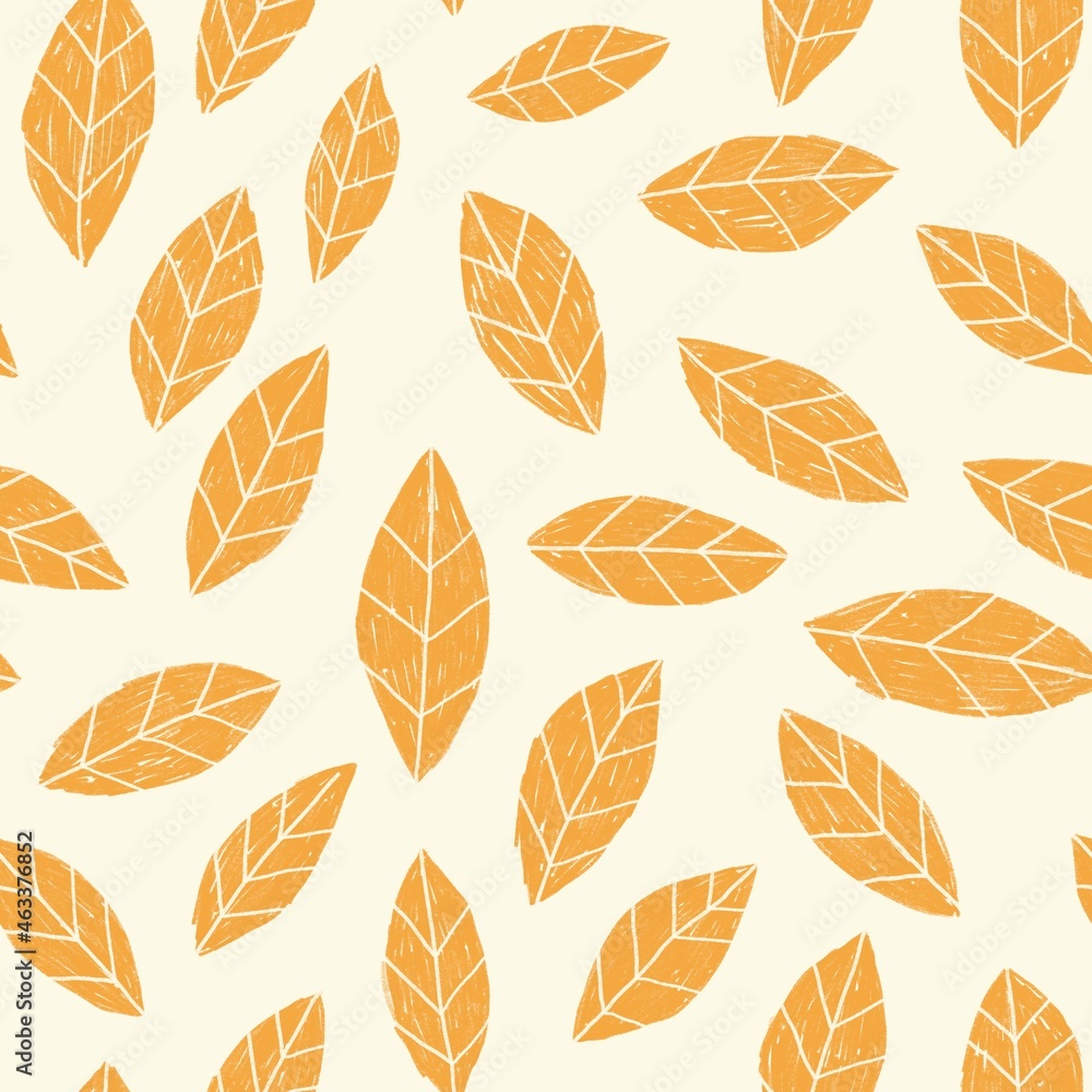 Obraz premium Seamless Pattern with fall leaves in warm yellow and beige colors. Random elements in endless repeating texture for fabric textile design, autumn holidays gift wrapping paper print. High res raster. 