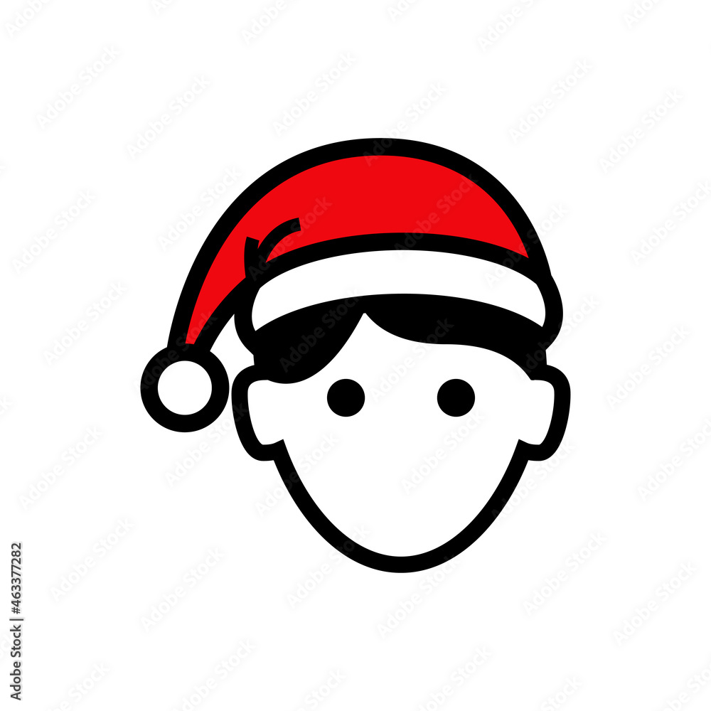 Icono plano con silueta de cara de hombre con sombrero de Papá Noel con lineas en color negro y rojo Icono plano con silueta de cara de hombre con sombrero de Papá Noel con lineas en color negro y rojo