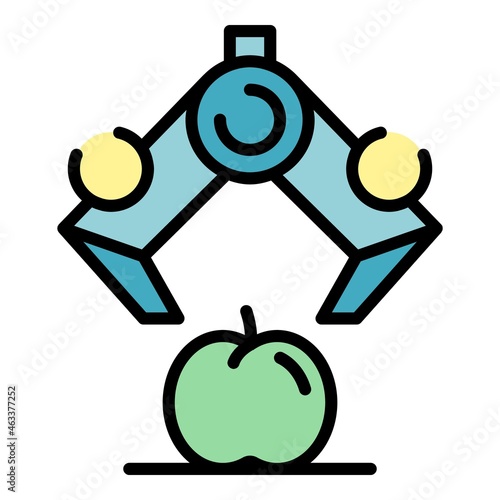 Robot arm take apple icon. Outline robot arm take apple vector icon color flat isolated