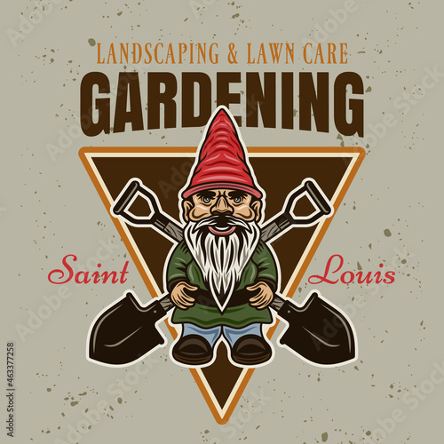 Gardening, landscaping and lawn care vector vintage emblem, badge, label or logo with standing gnome statuette and crossed shovels colored style on background removable grunge textures