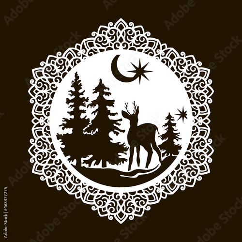 Christmas stencil for cutting in the shape of a snowflake. Little deer in the forest