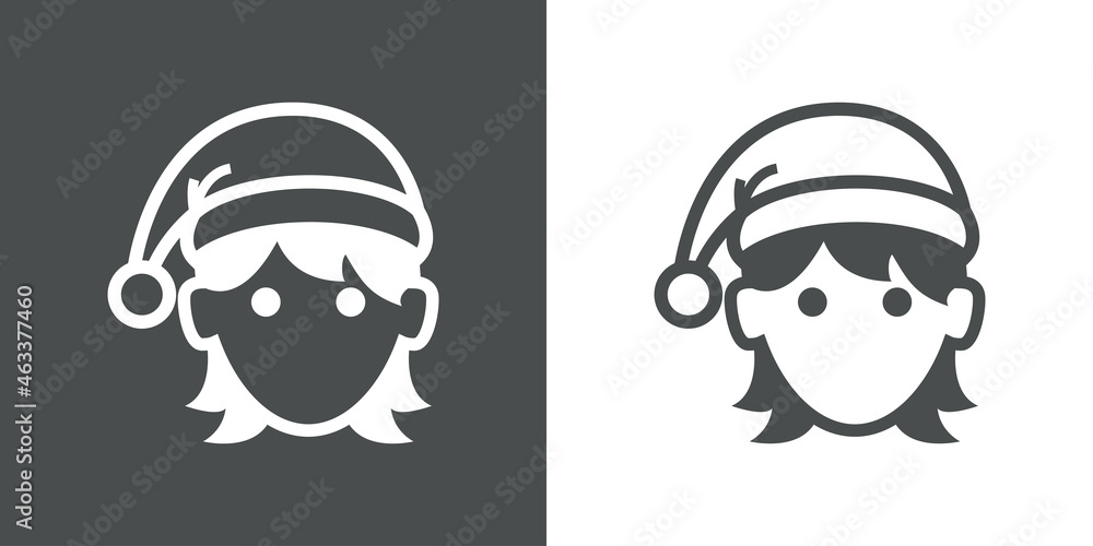Icono plano con silueta de cara de mujer con sombrero de Papá Noel con lineas en fondo gris y fondo blanco Icono plano con silueta de cara de mujer con sombrero de Papá Noel con lineas en fondo gris y fondo blanco