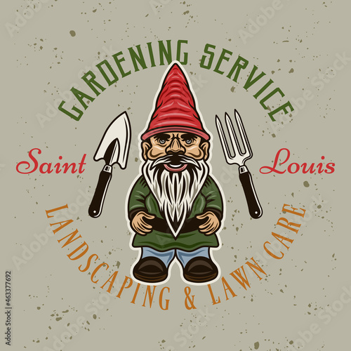 Landscaping and gardening service vector vintage emblem, badge, label or logo with gnome statuette colored style on background removable grunge textures