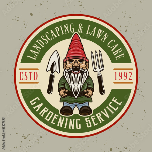 Gardening service, landscaping and lawn care vector vintage round emblem, badge, label or logo with gnome statuette and crossed shovels colored style on background removable grunge textures