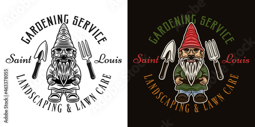 Landscaping and gardening service vector vintage emblem, badge, label or logo with gnome statuette in two styles black on white and colorful on dark background