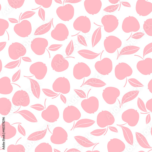 Seamless pattern: apples with leaves, pink on a white background.